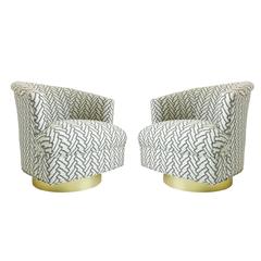 Pair of Elegant Swivel Chairs in a Black & White Herringbone & Bronze Plinths