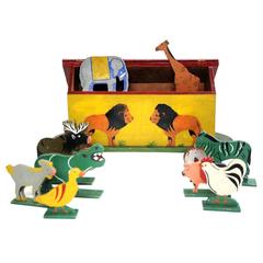 Antique Folk Art Noah's Ark Hand Painted Wooden Toy with Animals, 1920s-1930s