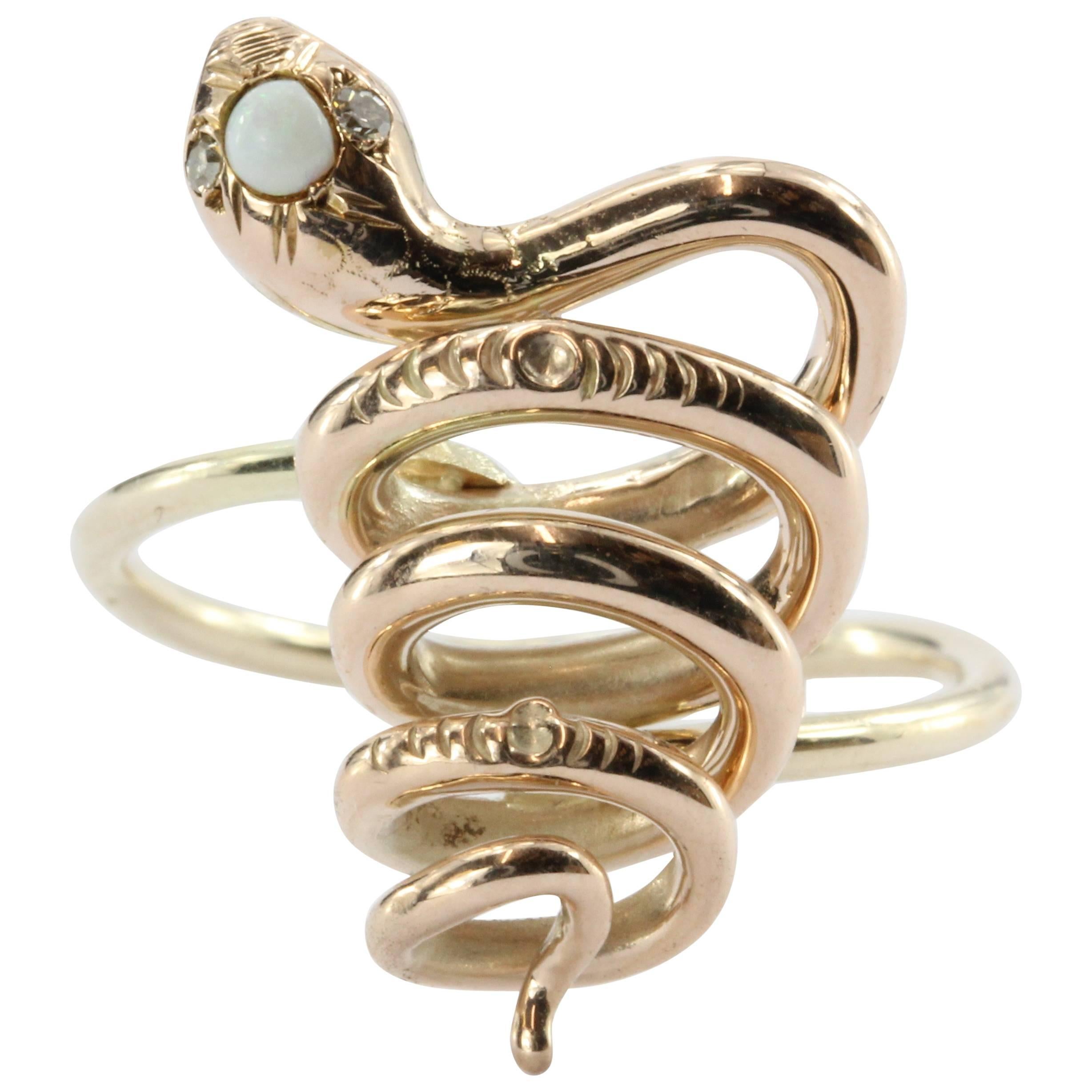 Victorian 10K Gold Curly Twisted Snake Opal Diamond Conversion Ring