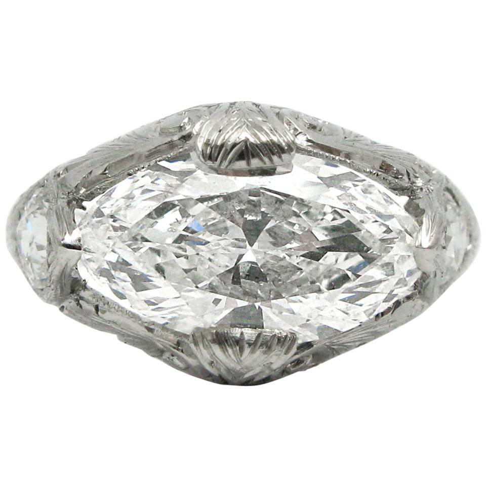 Art Deco Marquise Cut Diamond and Platinum Ring GIA