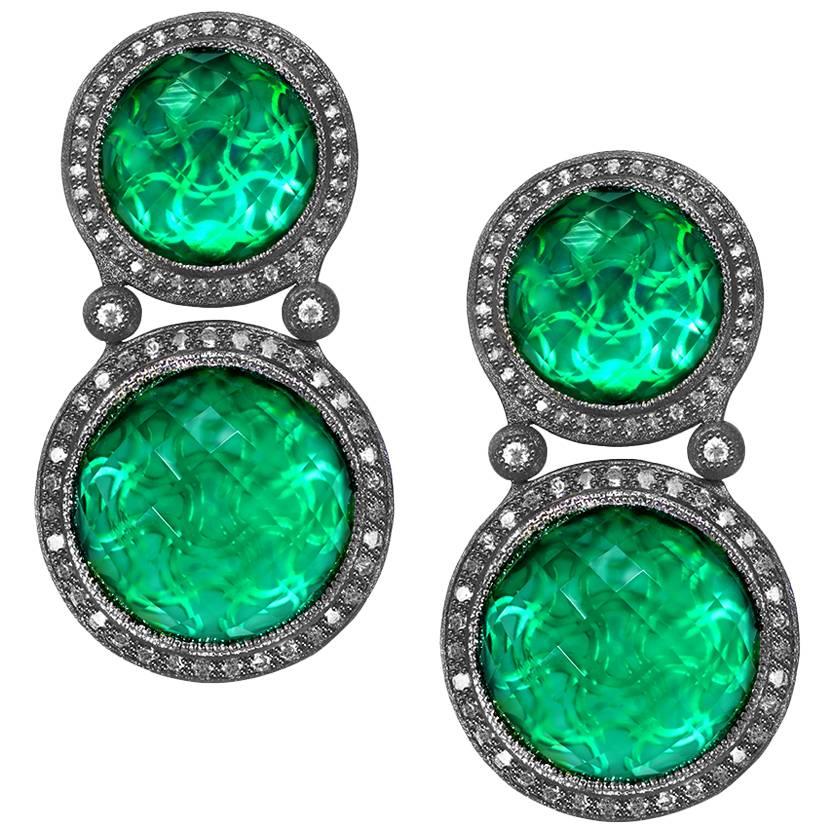 Alex Soldier Green Agate Quartz Doublet Topaz Oxidized Silver Earrings Ltd Ed