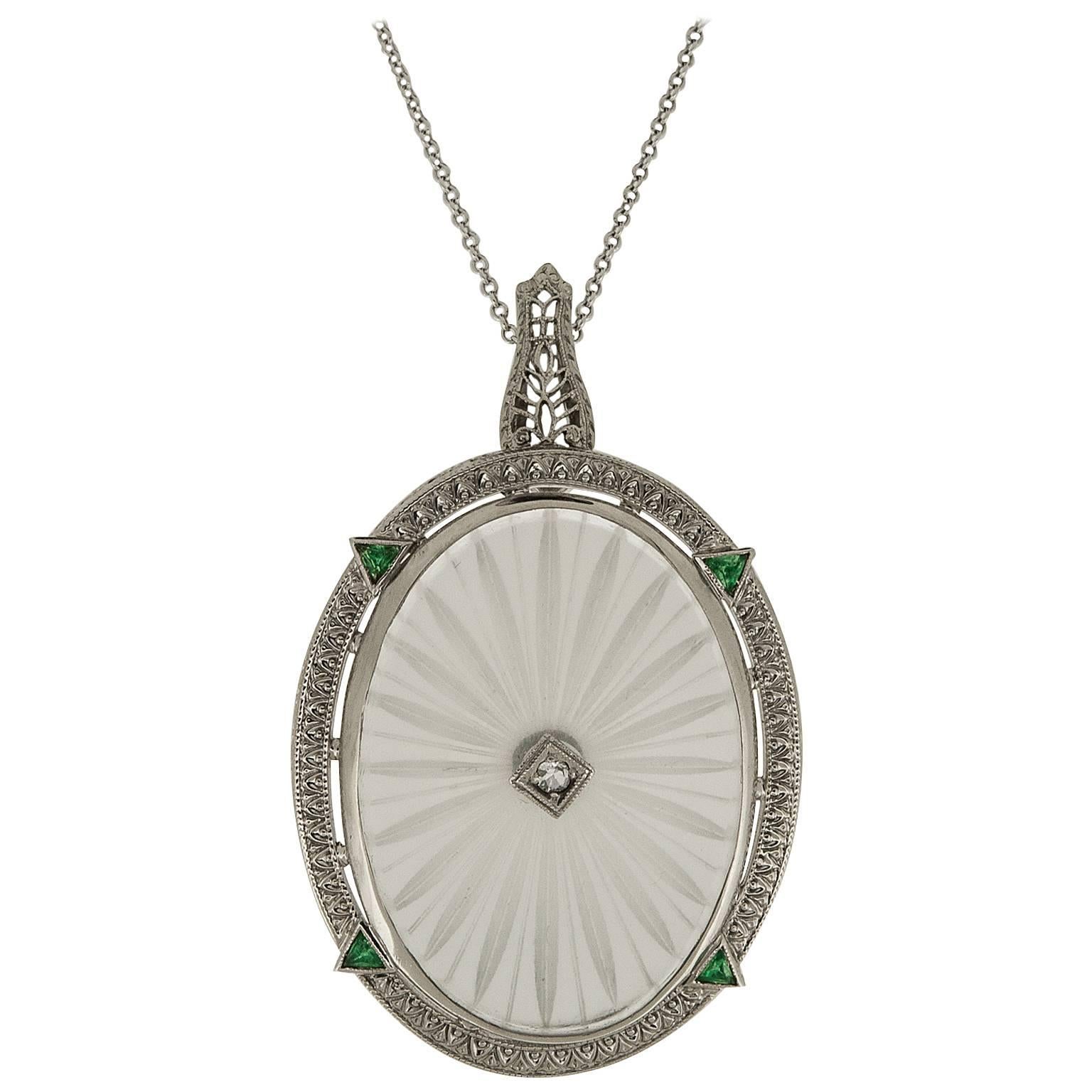 1930s Quartz, Diamond and Emerald Pendant For Sale