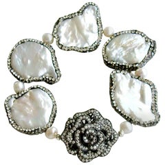 Pave Crystal Flower Clasp Baroque Pearl Bracelet