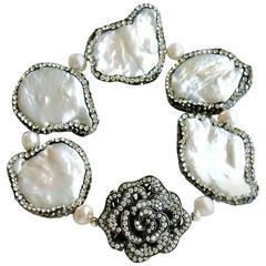 Pave Crystal Flower Clasp Baroque Pearl Bracelet 4