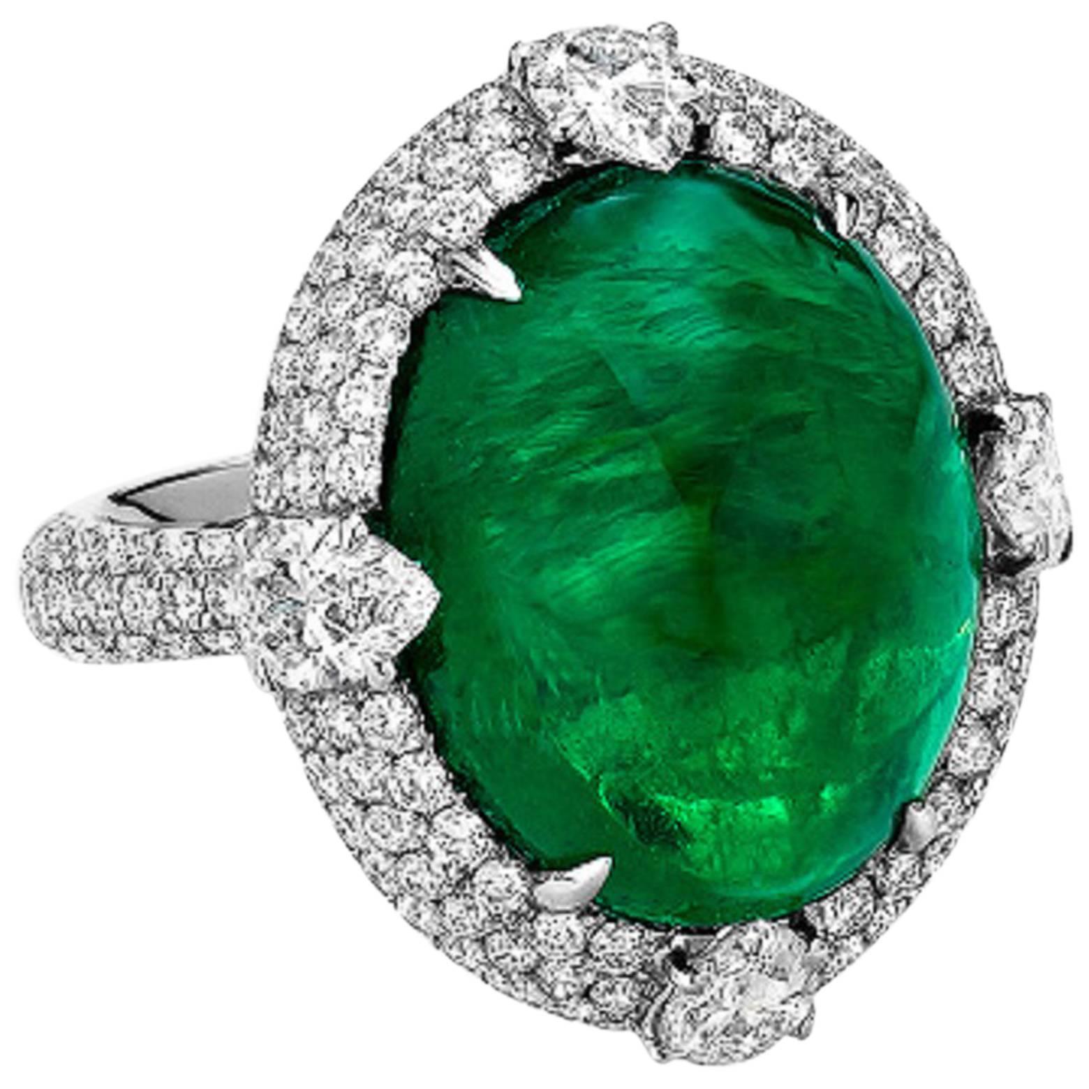 17.41 Carat Green Oval Emerald Flanked by Fancy Shaped Diamonds