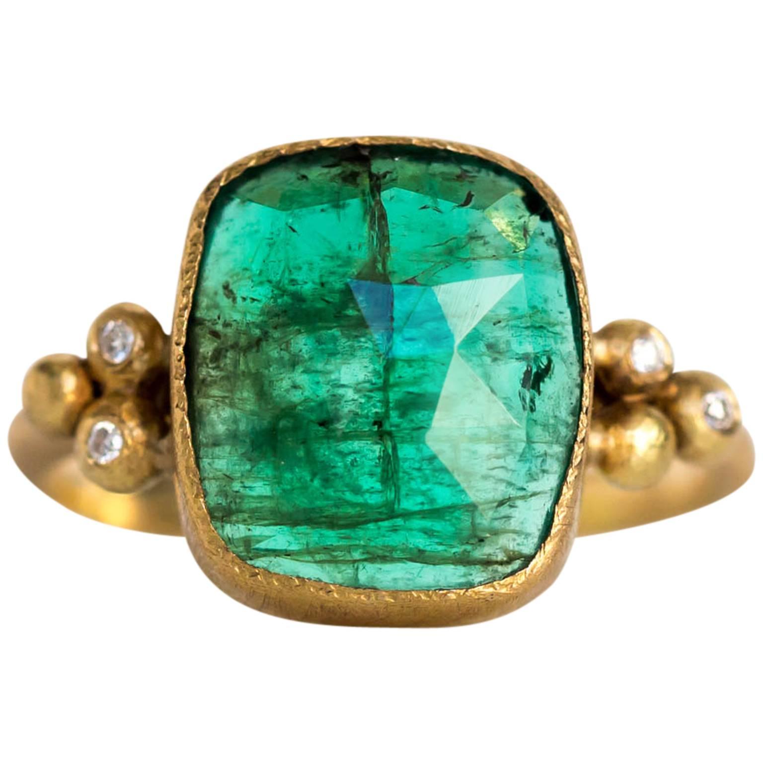 2000s Yellow Gold Emerald and Diamond Hammered Finish Ring