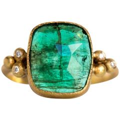 2000s Yellow Gold Emerald and Diamond Hammered Finish Ring