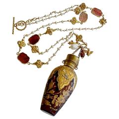 Gilt Embossed Garnet Red Moser Chatelaine Scent Bottle Necklace