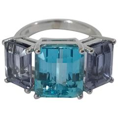 18kt White Gold Three Stone Emerald Cut Ring with Blue Topaz and Iolite 12