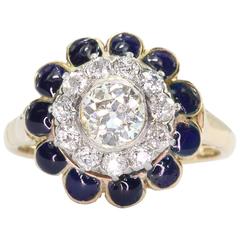 Art Deco 14K Gold Old European Cut Diamond and Blue Enamel Ring