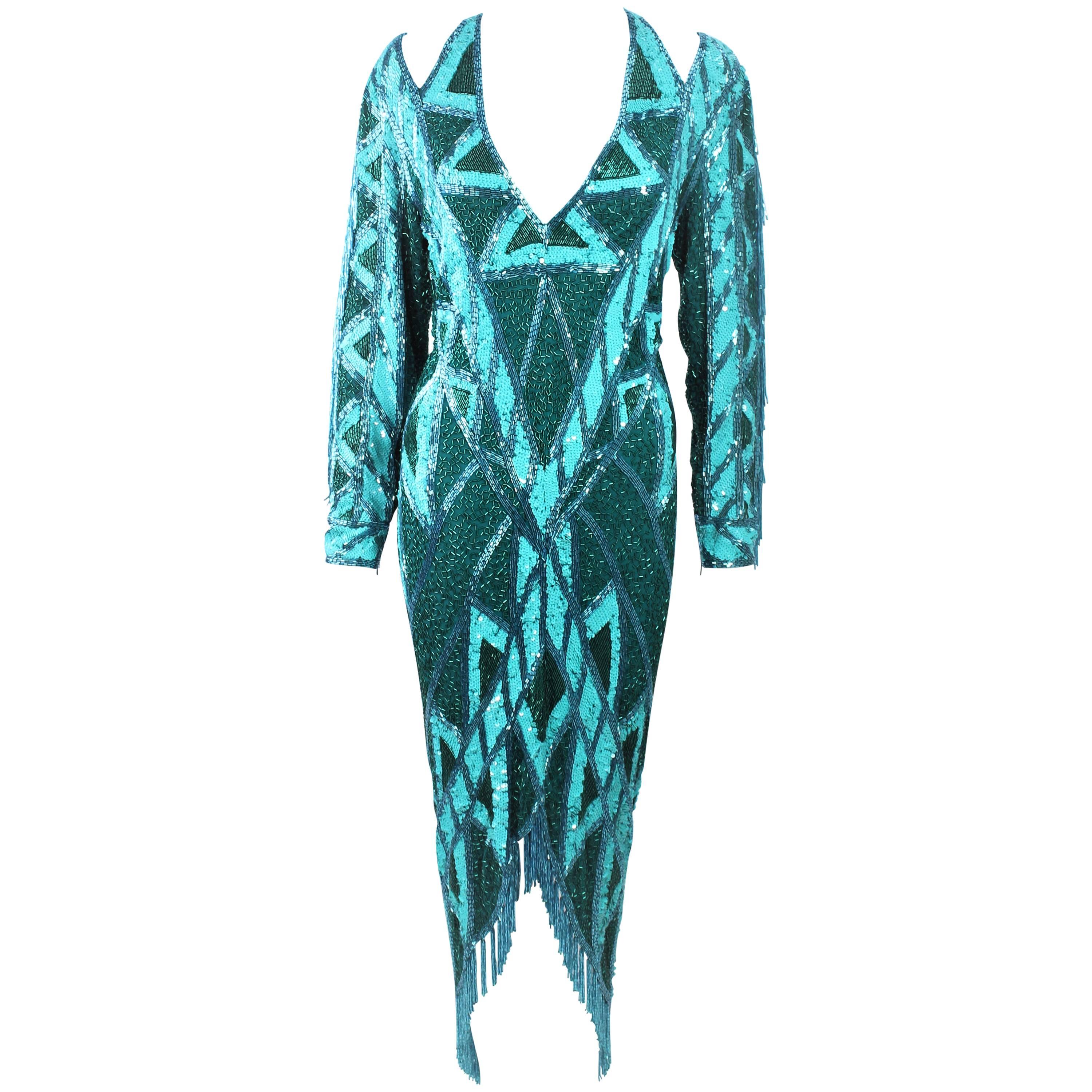 BOB MACKIE Turquoise Beaded & Sequin Gown with Fringe Sleeves Size 10 12 For Sale