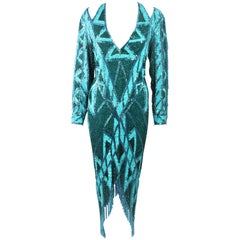 Vintage BOB MACKIE Turquoise Beaded & Sequin Gown with Fringe Sleeves Size 10 12