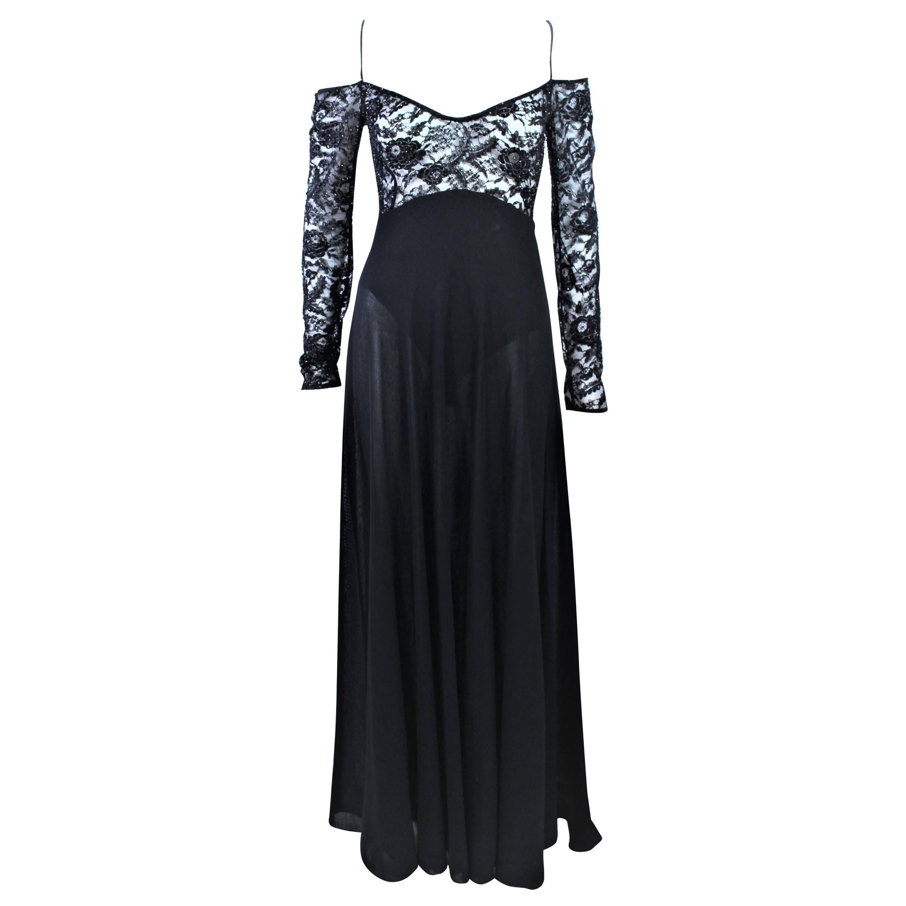 DONNA KARAN Black Lace Beaded Wool Gown Size 4 6 For Sale