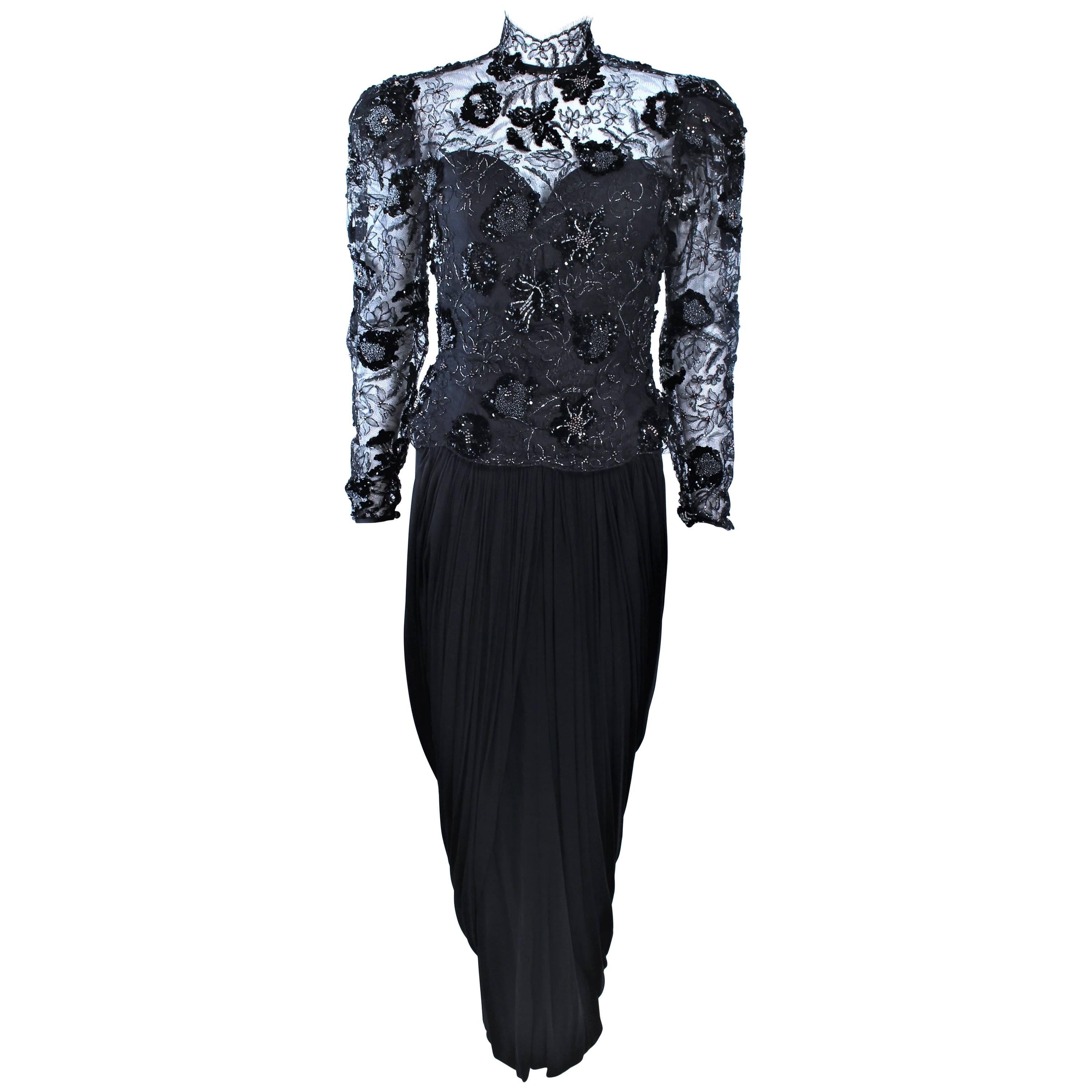 VICKY TIEL Black Lace Drape Gown with Sequin Applique Size 6