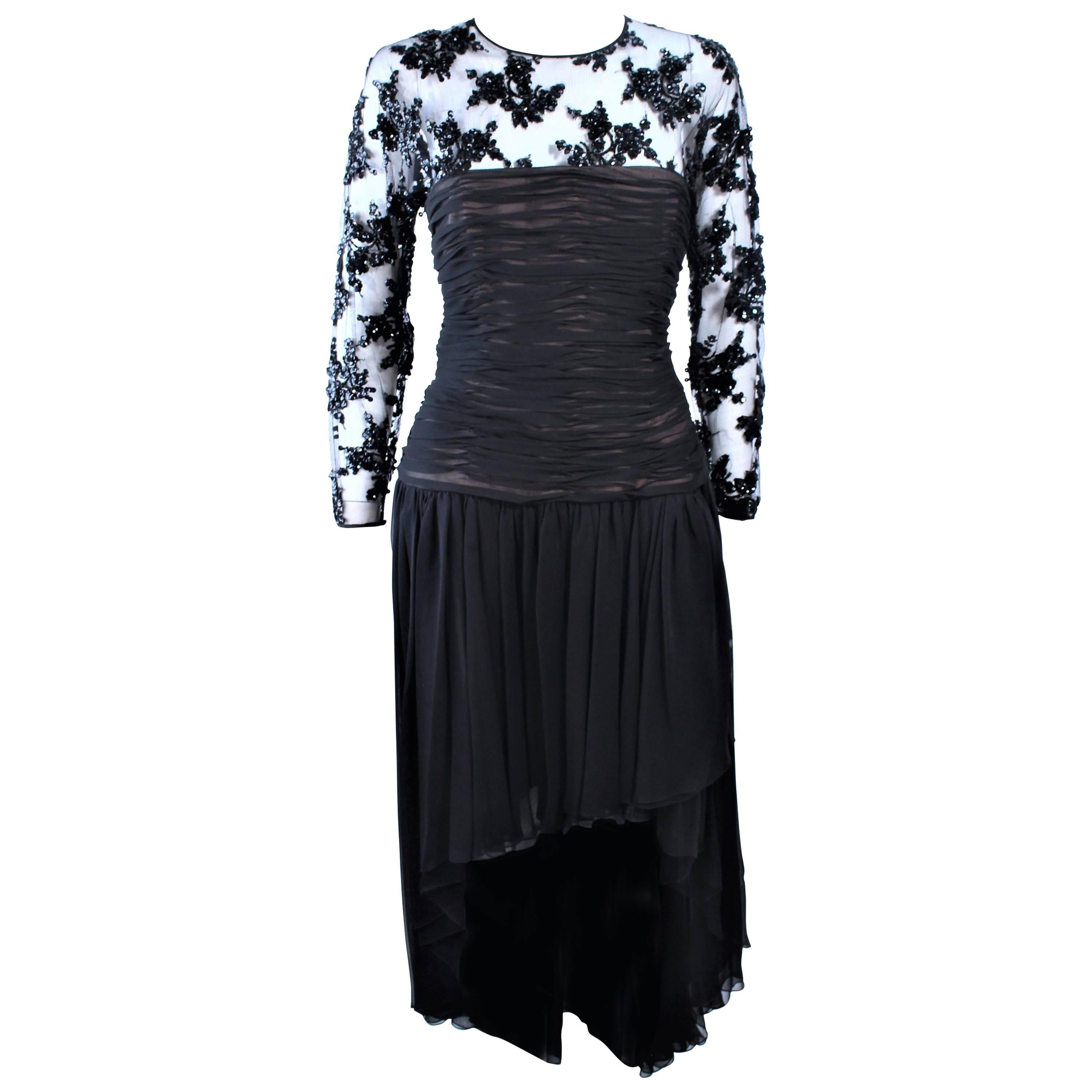 OSCAR DE LA RENTA Black Chiffon Lace High Low Cocktail Gown Size 12 14 For Sale