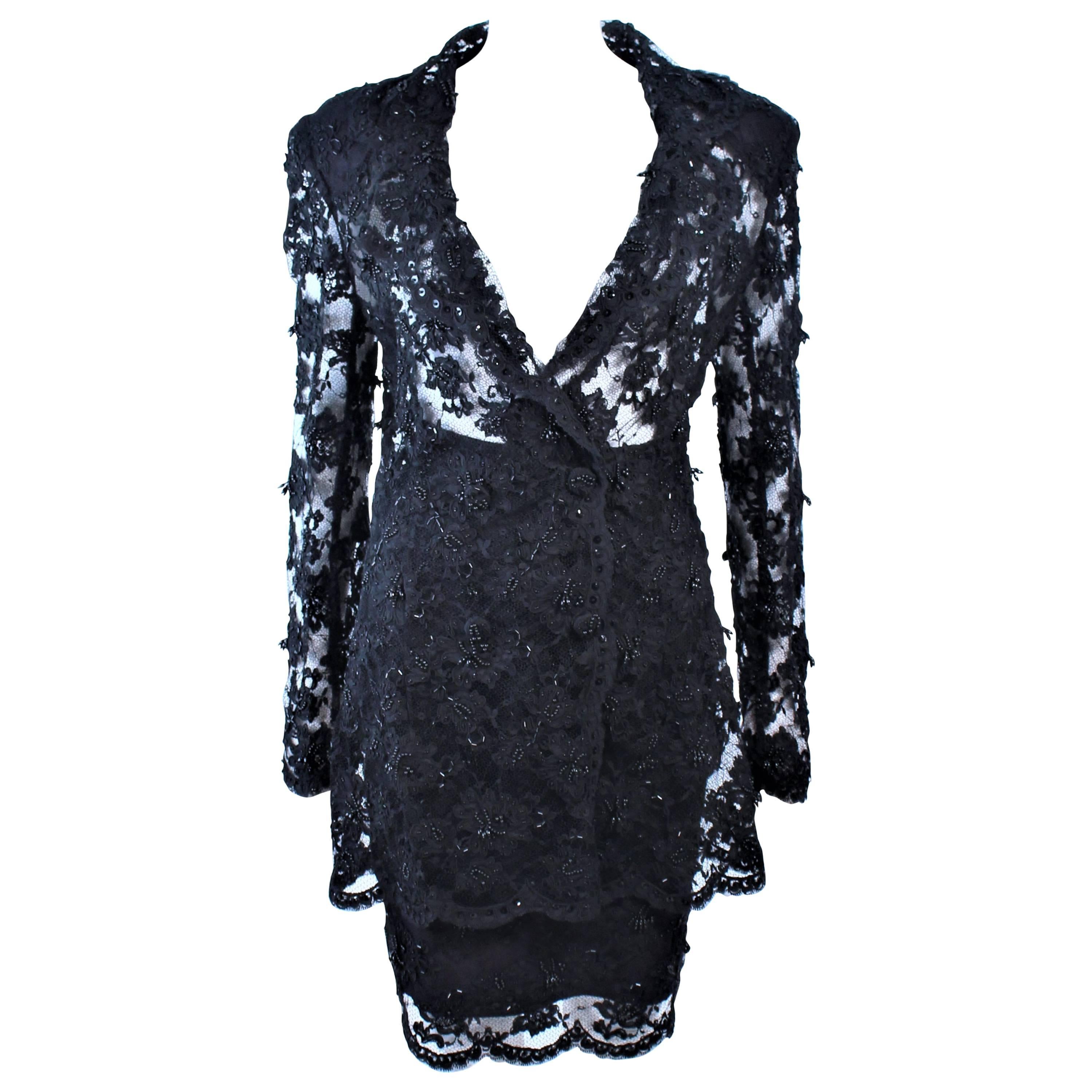 FETOUN Black Sequin Lace Skirt Suit Size 12 For Sale