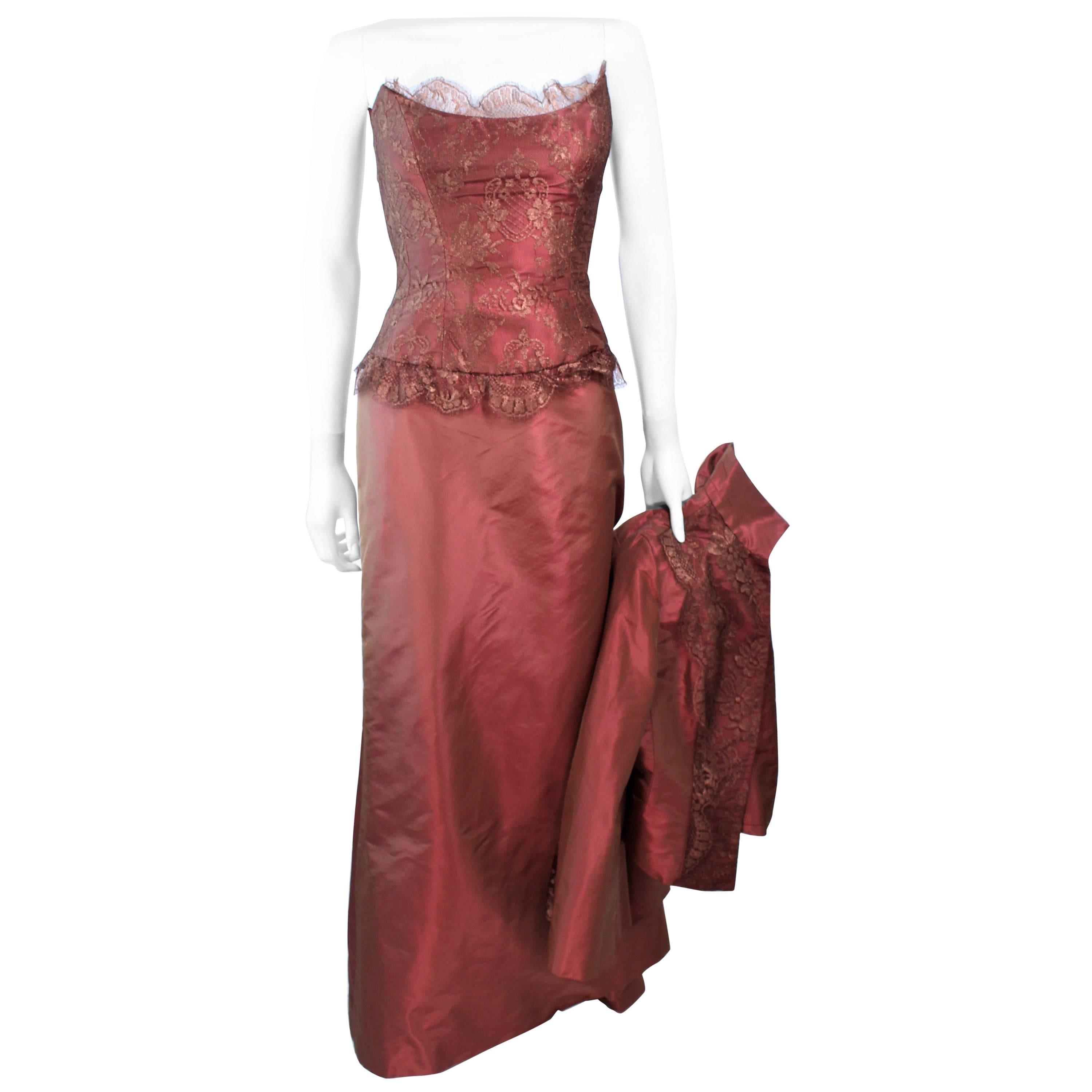 ELIZABETH FILLMORE Bronze Lace & Satin Evening Gown Ensemble with Coat Size 10 For Sale