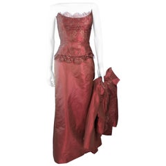 ELIZABETH FILLMORE Bronze Lace & Satin Evening Gown Ensemble with Coat Size 10