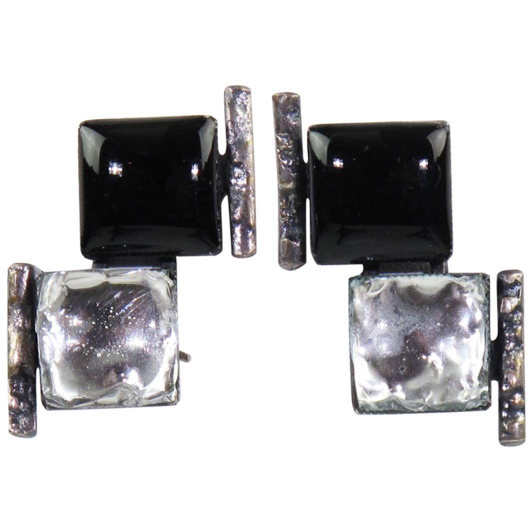 Jacques Gautier Paris Signed Black & Glitter Glass Clip on Earrings circa 1960s