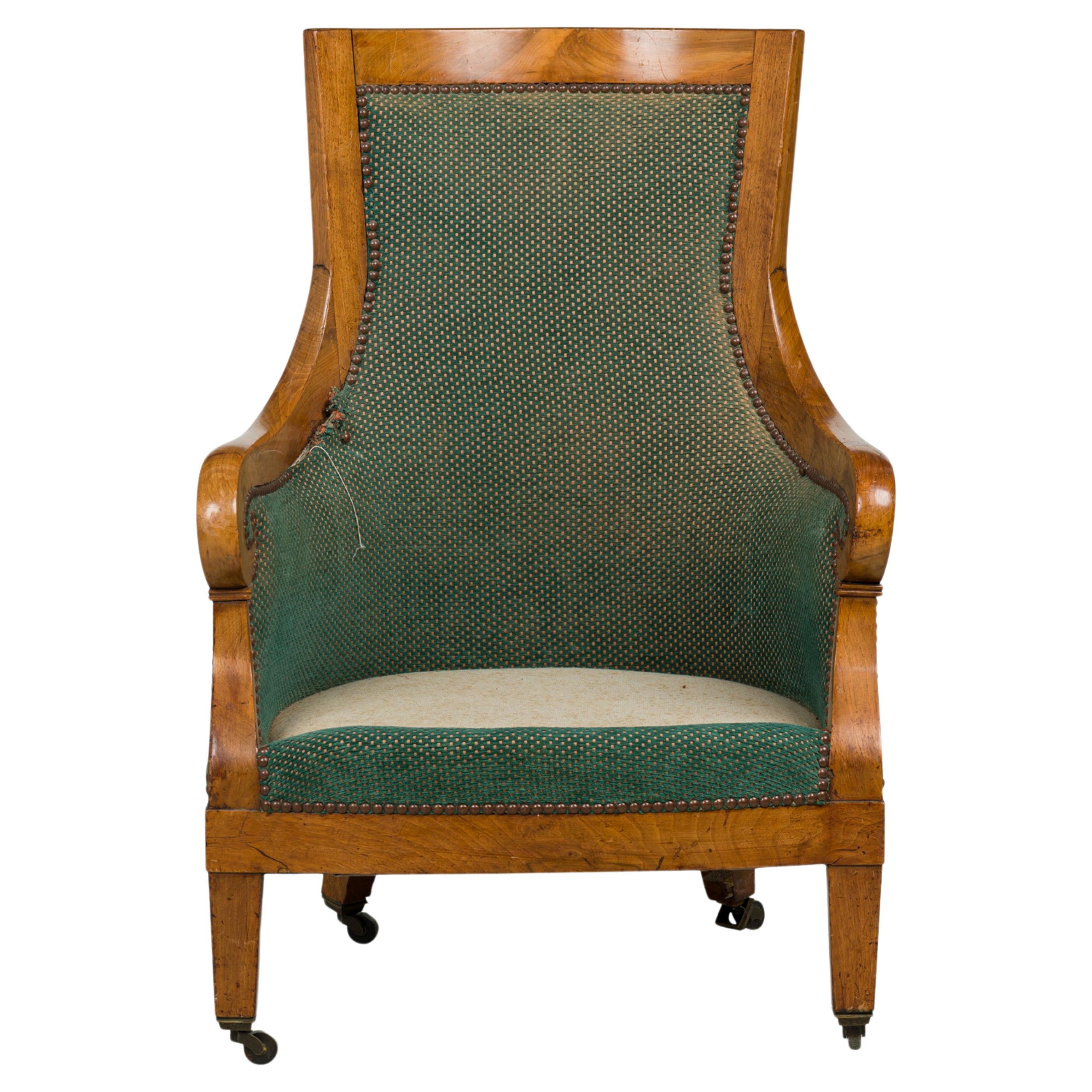 Biedermeier Birch Veneer Green Upholstered Bergere Armchair For Sale