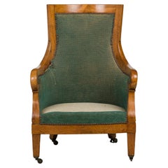 Biedermeier Birch Veneer Green Upholstered Bergere Armchair