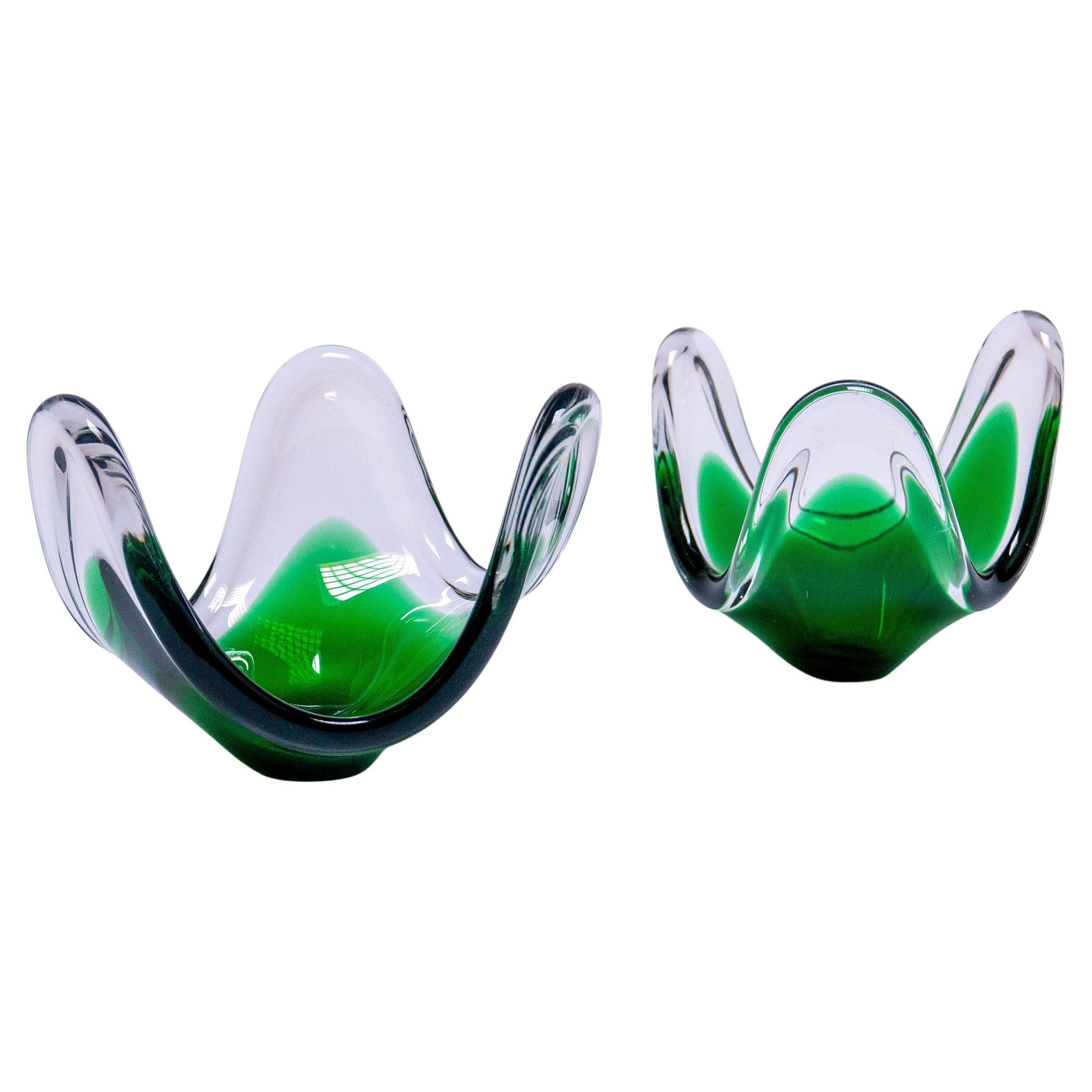 Pair of Italian Murano Glass Sculptures , Centerpiece in Clear and Green Glass