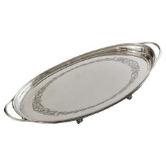 Two-handled navette-shaped sterling silver serving tray by Omar Ramsden