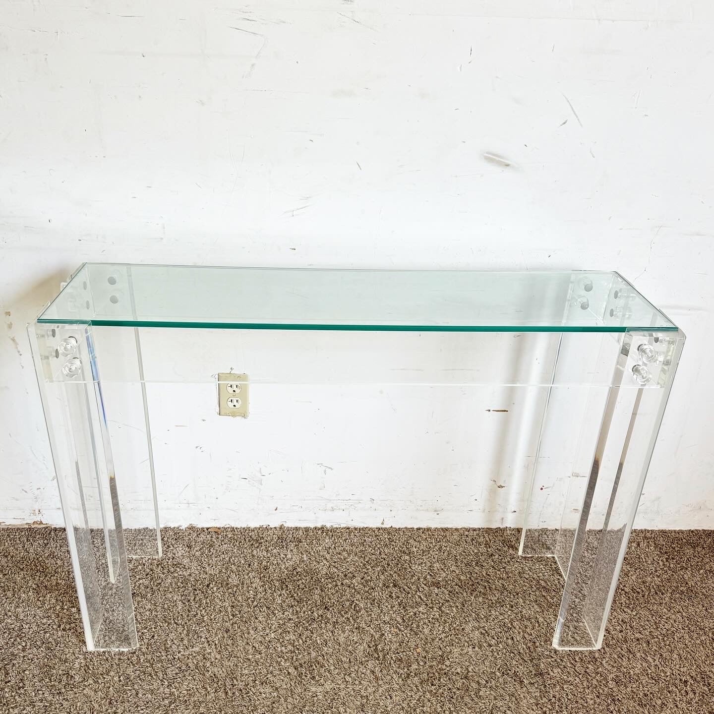 Postmodern Bolted Lucite and Inlaid Glass Top Console Table