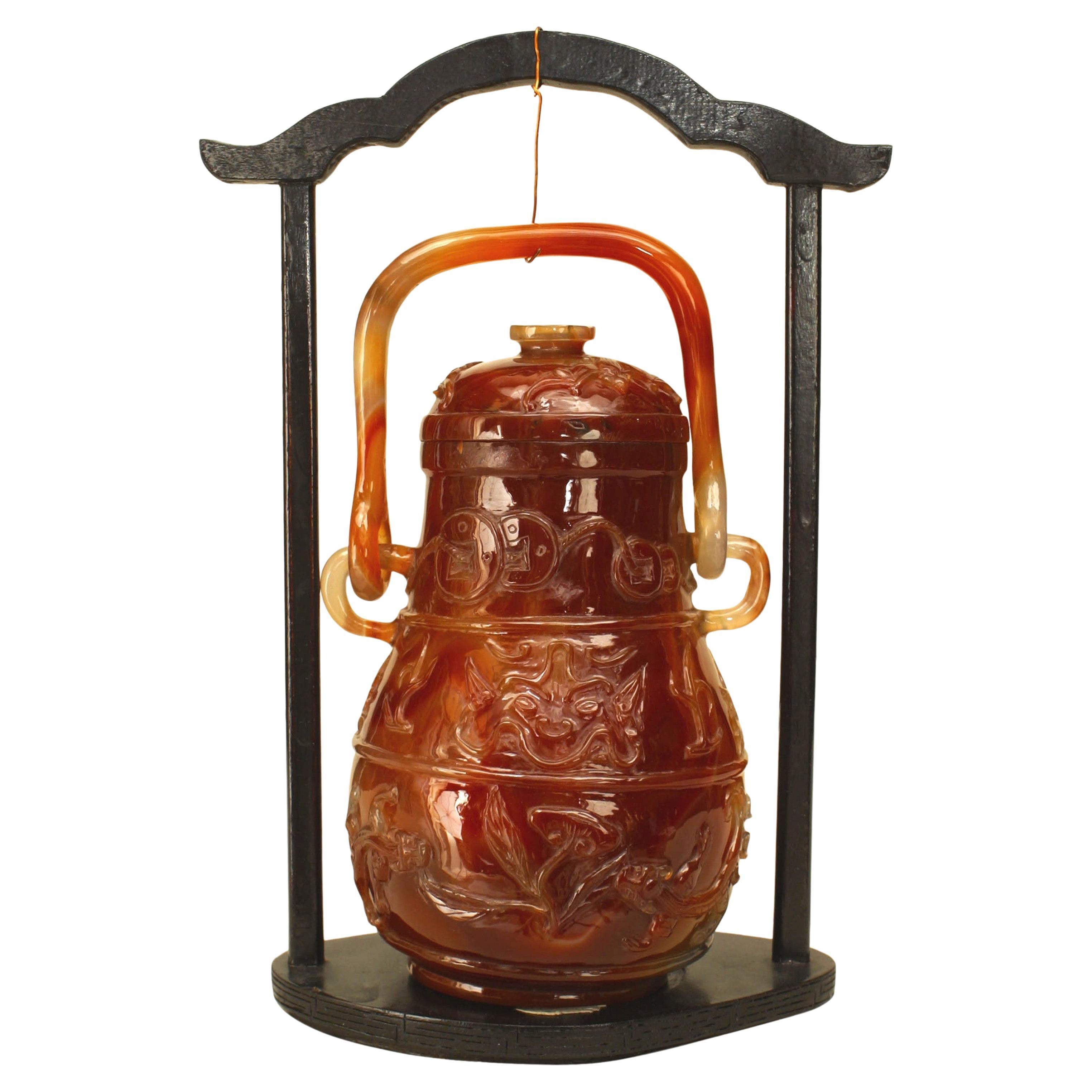 Chinese Rust Agate Vessel Urn, Hand-Carved, 20th Century, China For Sale