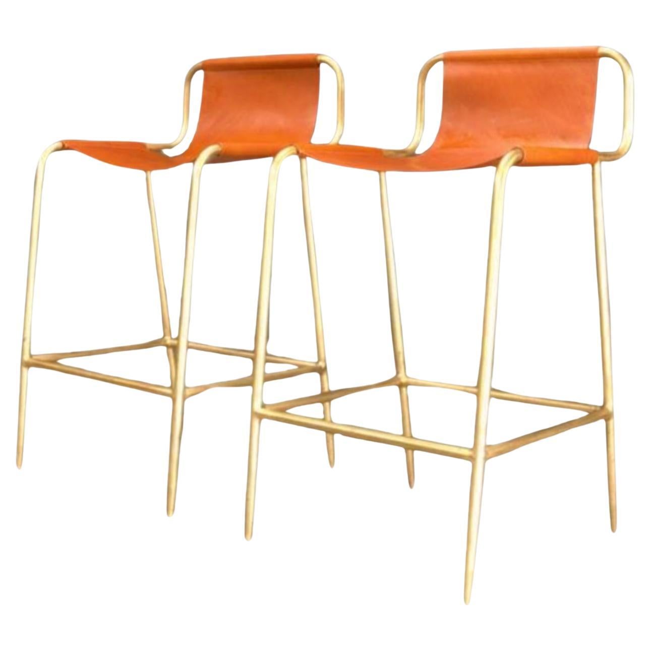 Yellow and Leather Bill Amberg Counter Stools with Solid Brass, Set of 4 For Sale