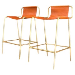 Yellow and Leather Bill Amberg Counter Stools with Solid Brass, Set of 4