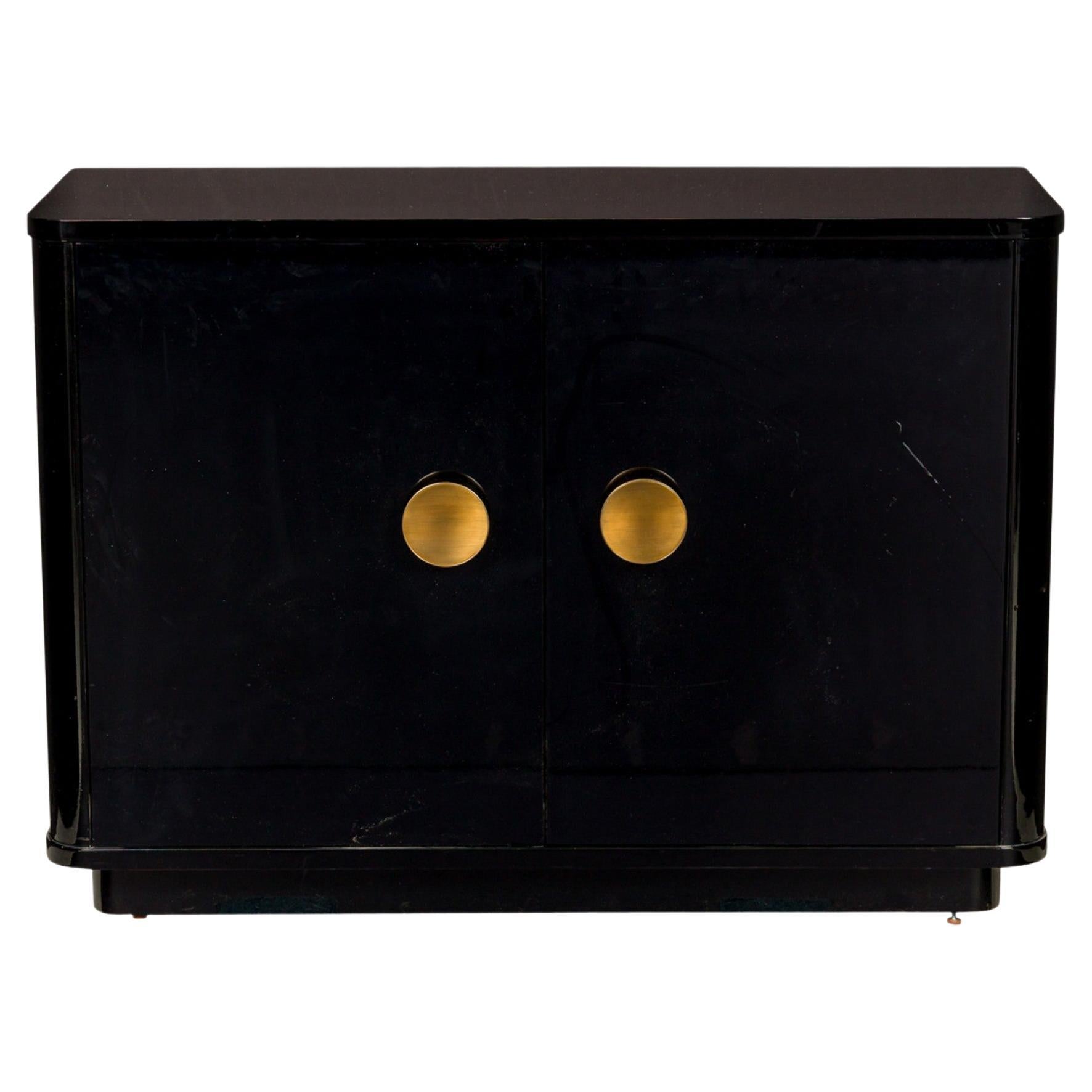 Pair of Contemporary Black Lacquered Low Breakfront Cabinets