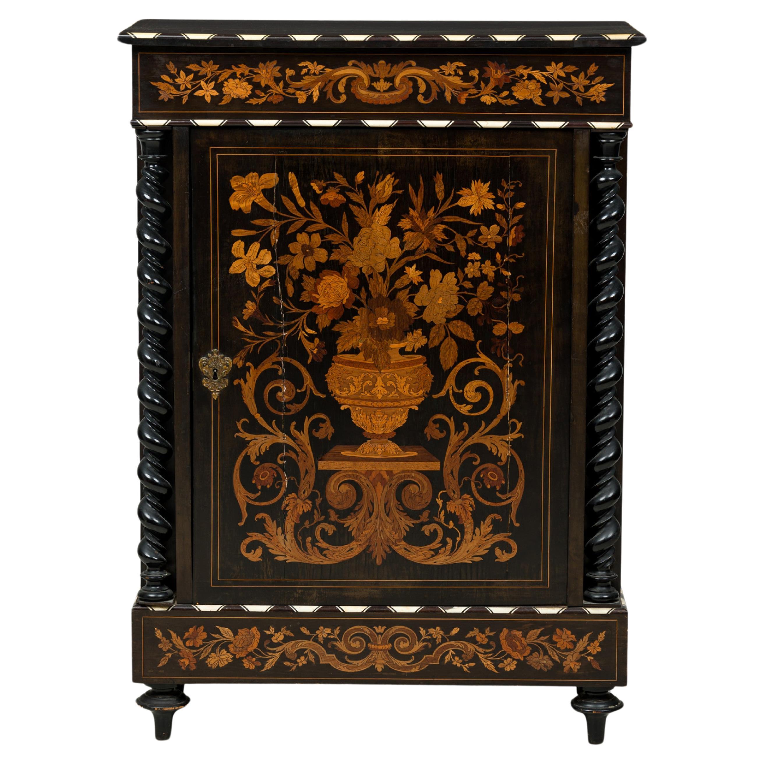 French Napoleon III Bone and Wood Floral Inlaid Credenza Cabinet For Sale