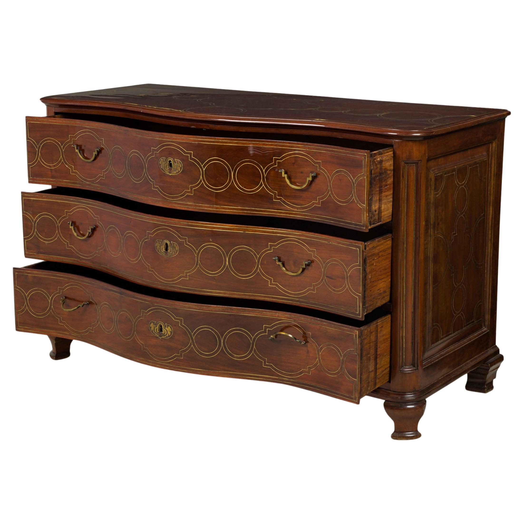 Maltese Continental Rosewood and Brass Inlaid Serpentine Commode