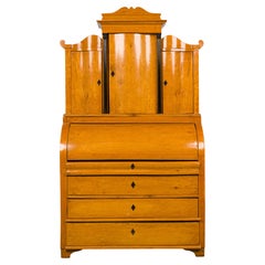 Bureau/Secrétaire Biedermeier suédois en bouleau ronceux cylindrique