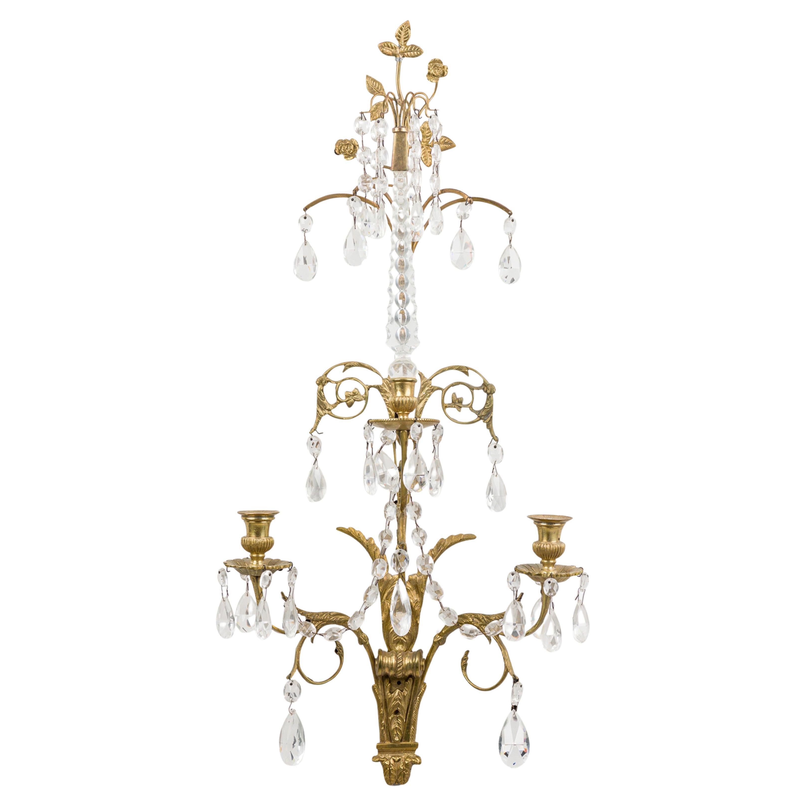 French Charles X Style Gilt Bronze Wall Sconces with Crystal Accents