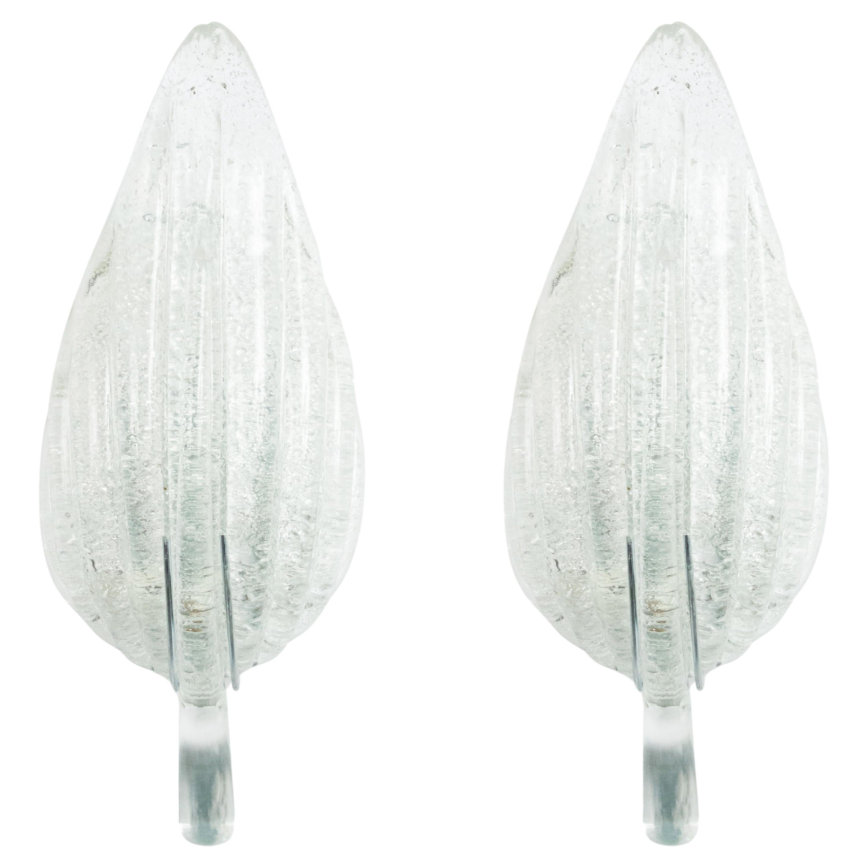 Pair of Italian Murano Silver Dusted Glass Leaf Wall Sconces