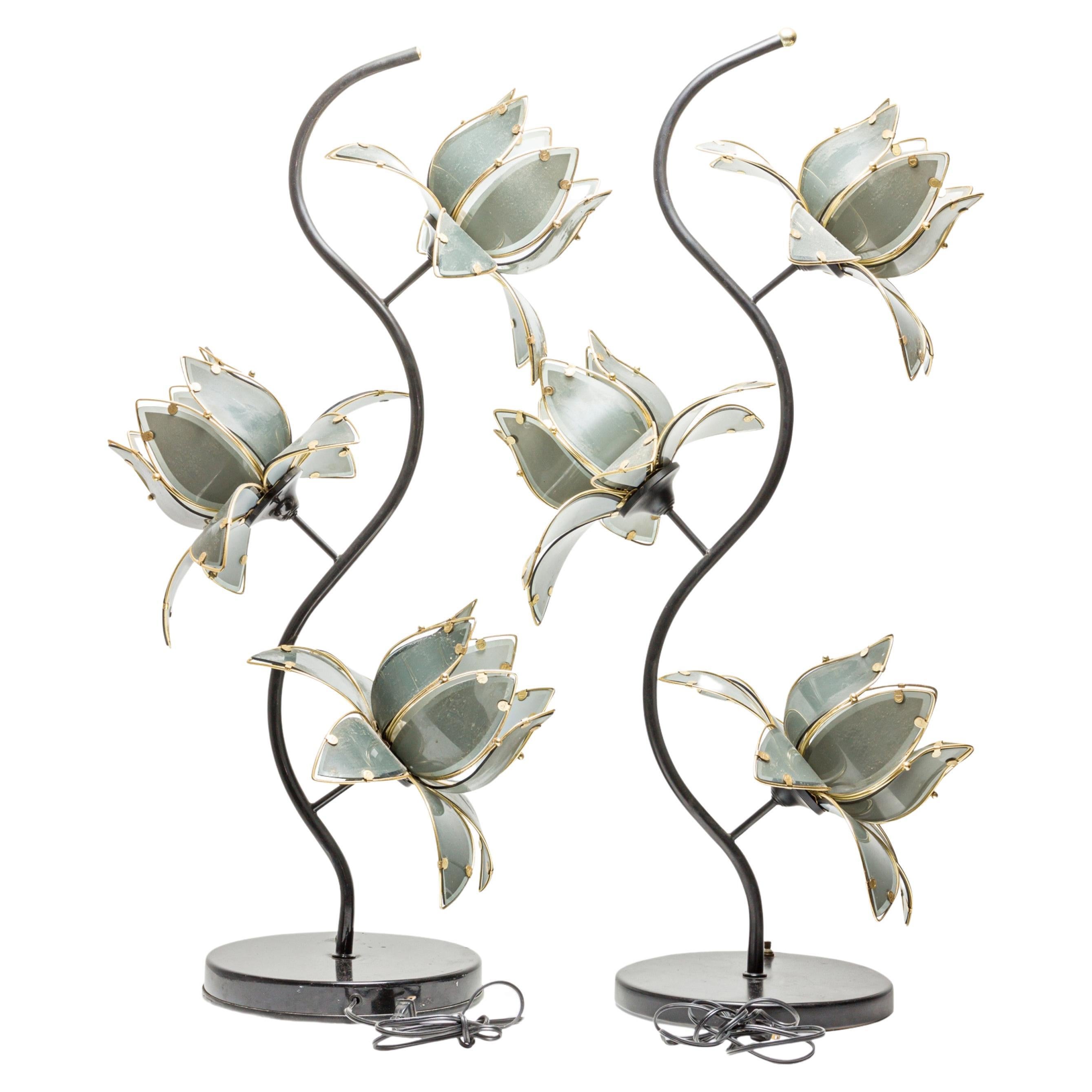 Pair of Italian Mid-Century Smoked Glass and Brass Lotus Flower Table Lamps