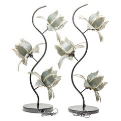 Pair of Italian Mid-Century Smoked Glass and Brass Lotus Flower Table Lamps