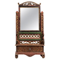 Chinese Carved Painted Wood Dressing Table / Vanity Mirror with Gilt Highlights