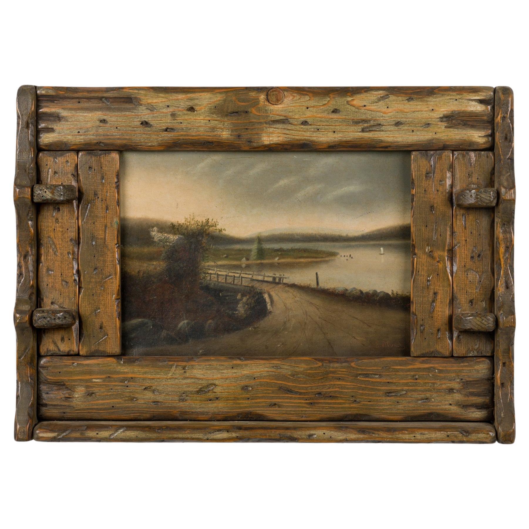 Pittura ad olio di un paesaggio rustico dell'Adirondack in una cornice di Wood Wood scavato