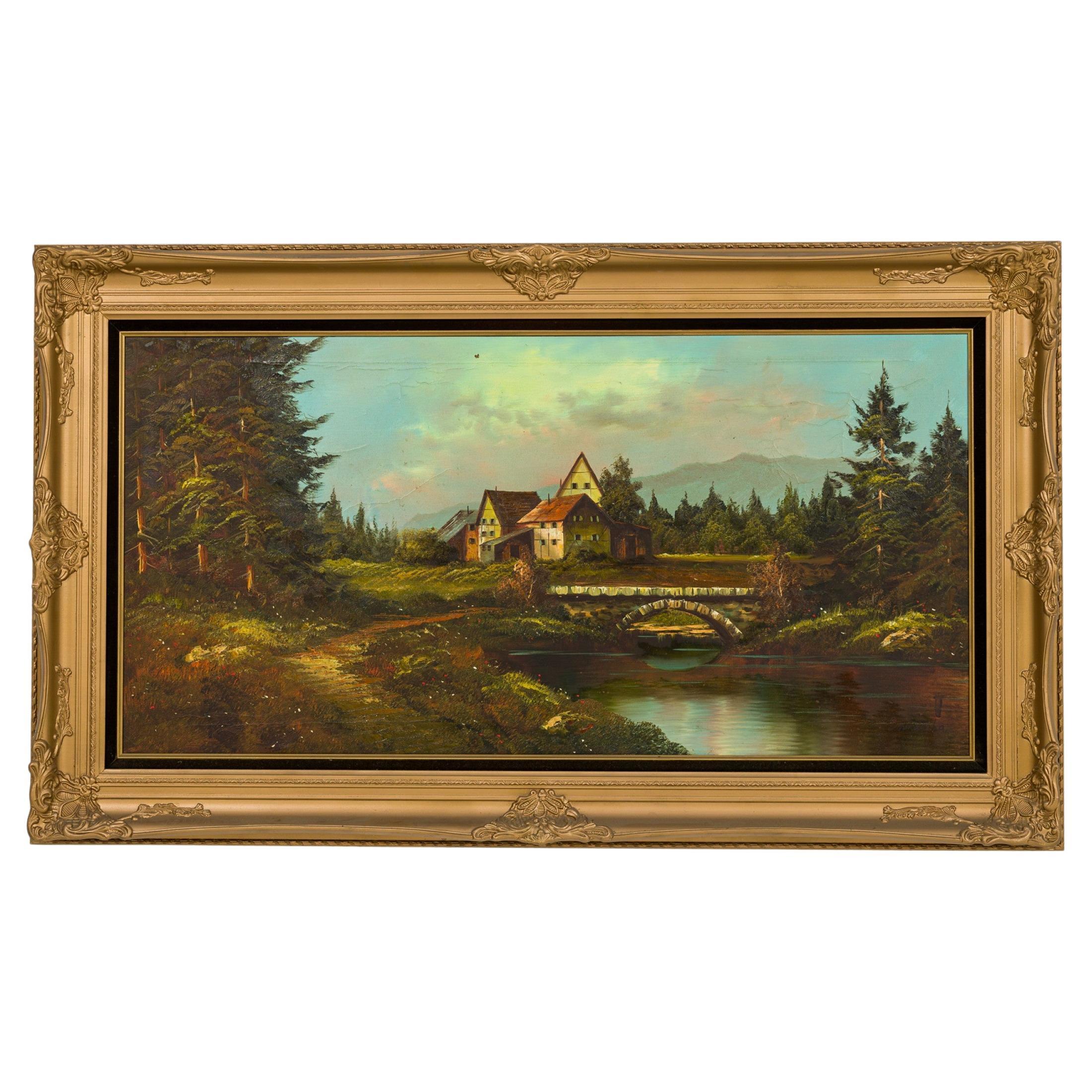 American Victorian Landscape Painting of 4 Houses by River, Signed