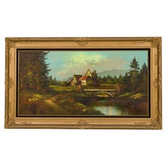 American Victorian Landscape Painting: 4 Houses by River, Signed