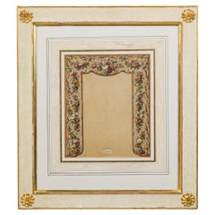Framed Vintage English Watercolor Print of Fruit & Floral Patterned Curtains