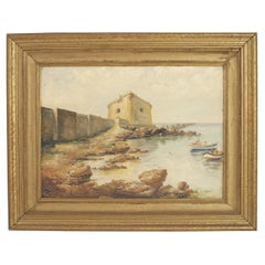American Seaside Fortress Painting, Oil on Wood, 19th Century, Framed