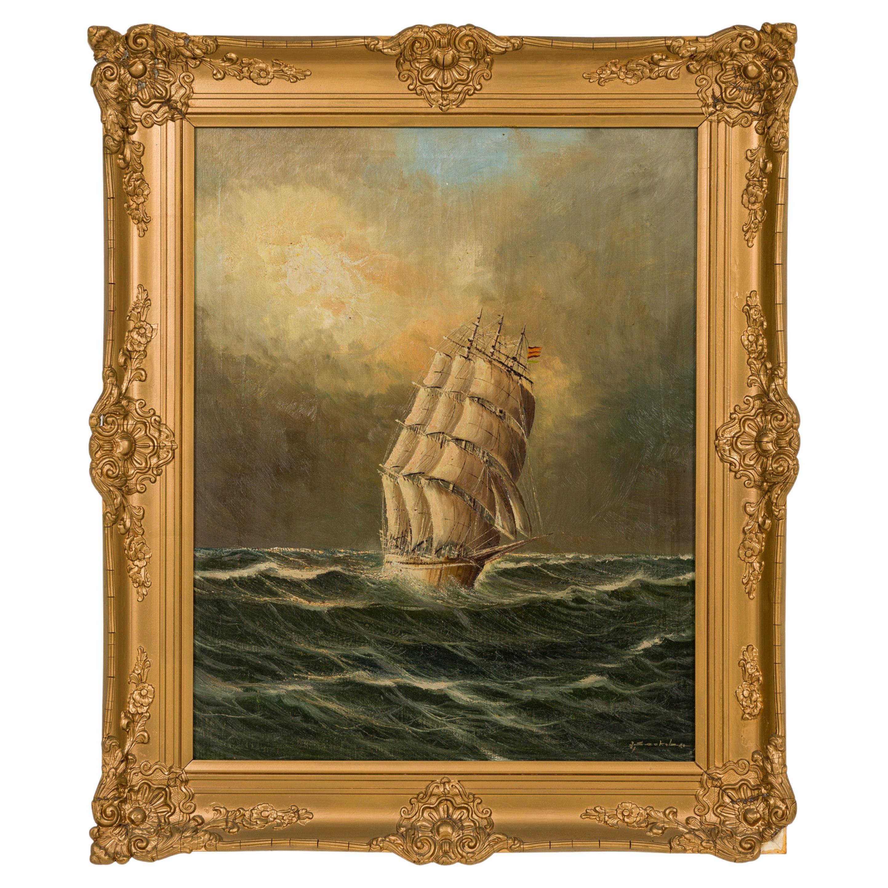 Victorian Seascape Painting of 3-Masted Clipper Sailboat, Framed For Sale