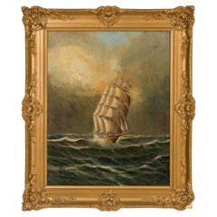Victorian Seascape Painting of 3-Masted Clipper Sailboat, Signed
