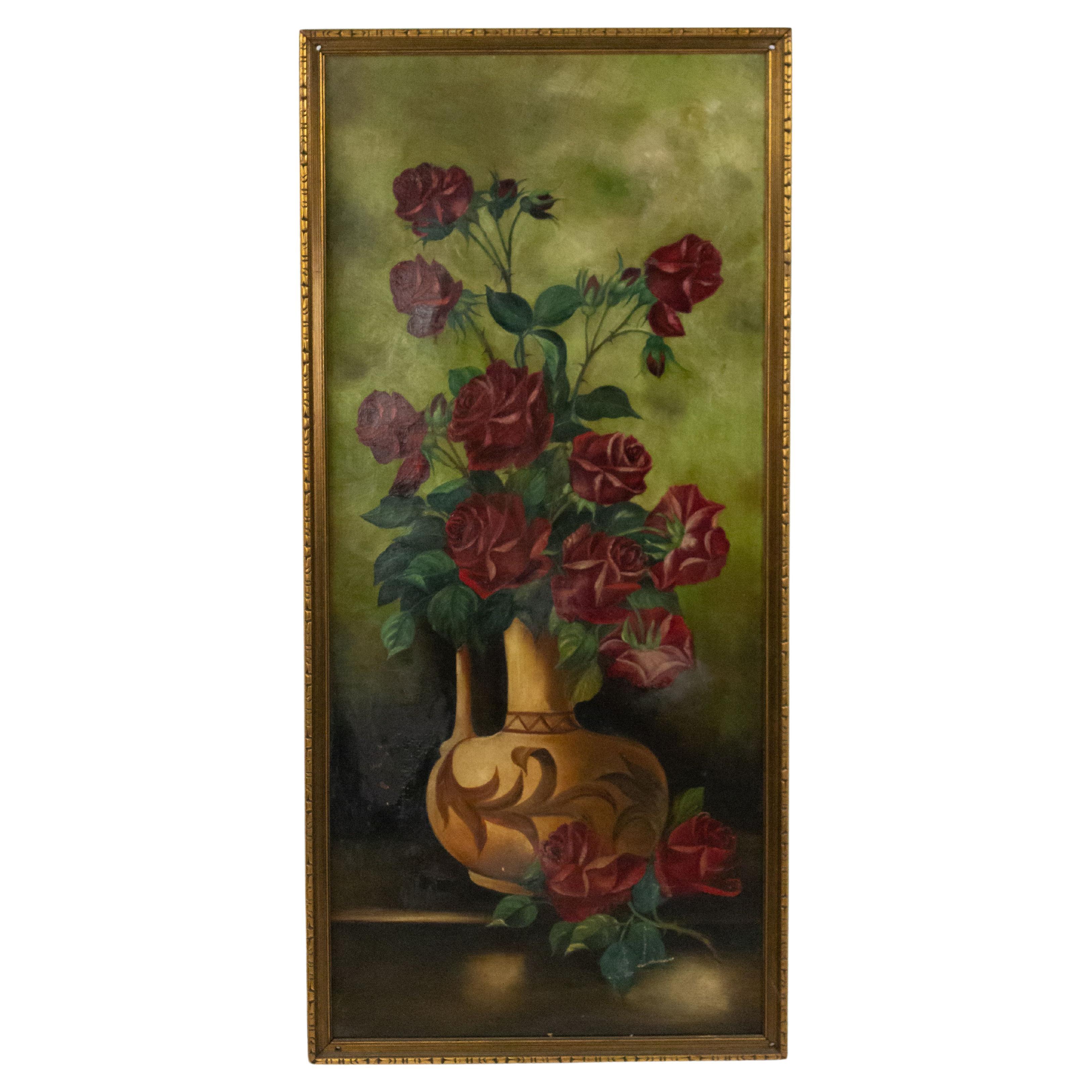 French Victorian Still Life Oil Painting of Roses in Gilt Frame, 43x19