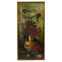 Peinture à l'huile victorienne française représentant des roses, dans un cadre doré, 43 x 19