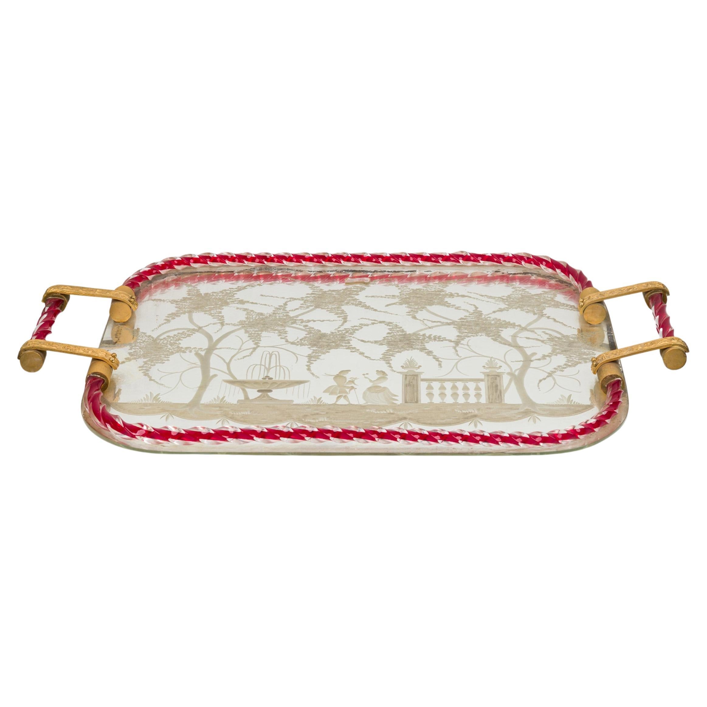 Bandeja de tocador veneciana italiana de cristal grabado y bronce, estilo de Ercole Barovier en venta